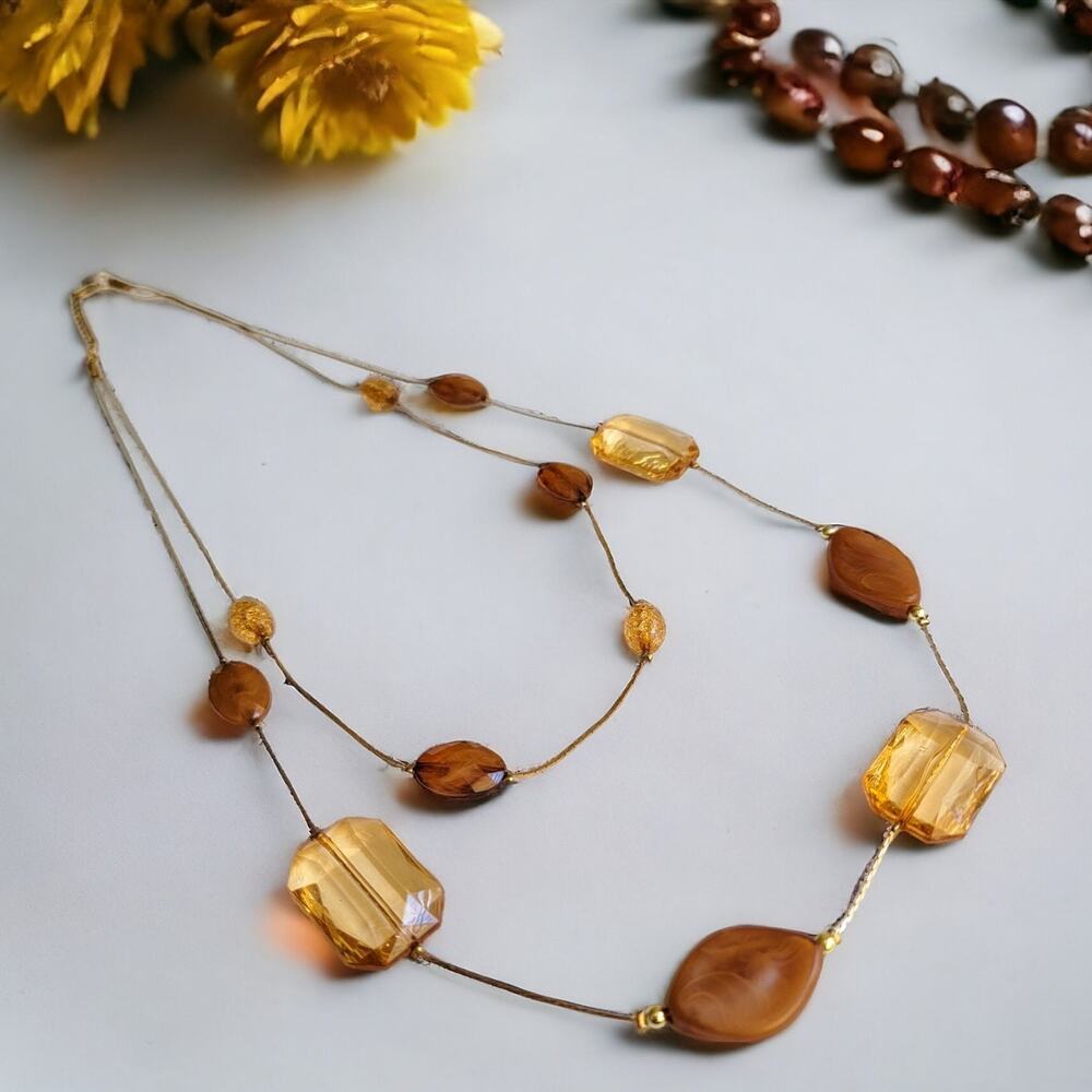 Warm Brown and Orange Double-Stranded Vintage Beaded Necklace